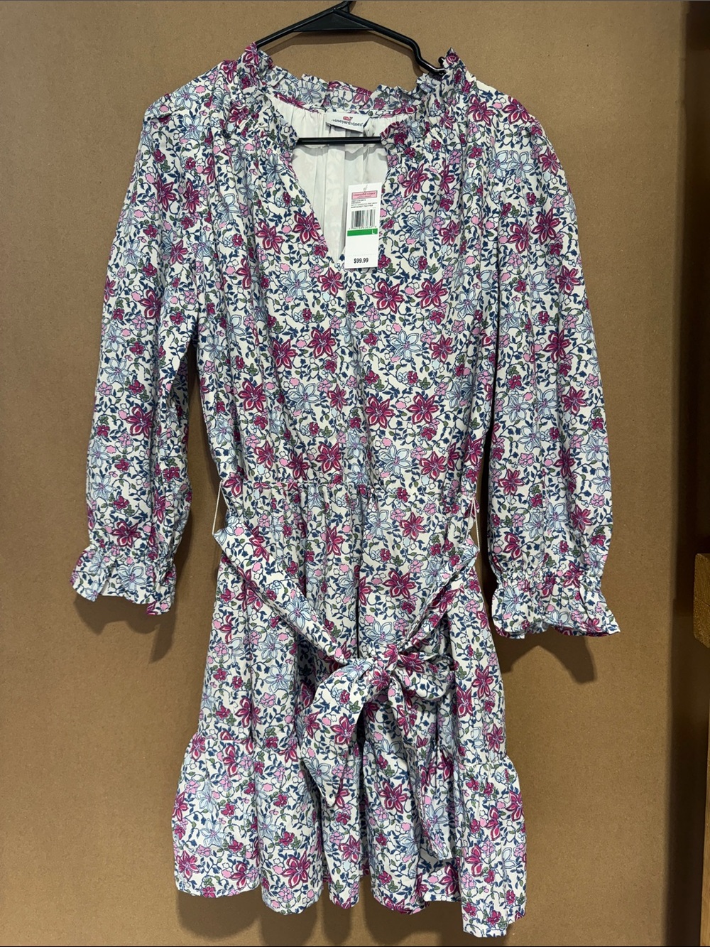 Vineyard Vines White Floral Tie-waist Dress with Pink & Blue Flowers